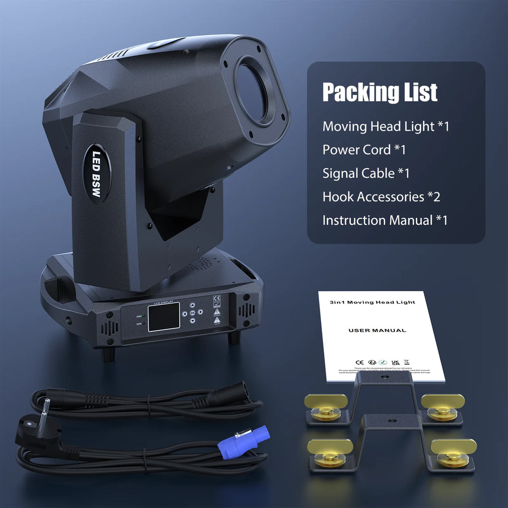 Fieryzeal 200W LED Moving Head Light DMX512 Rotating Stage Light Beam Zoom Wash DJ Light Pattern Effect for Party Wedding Show