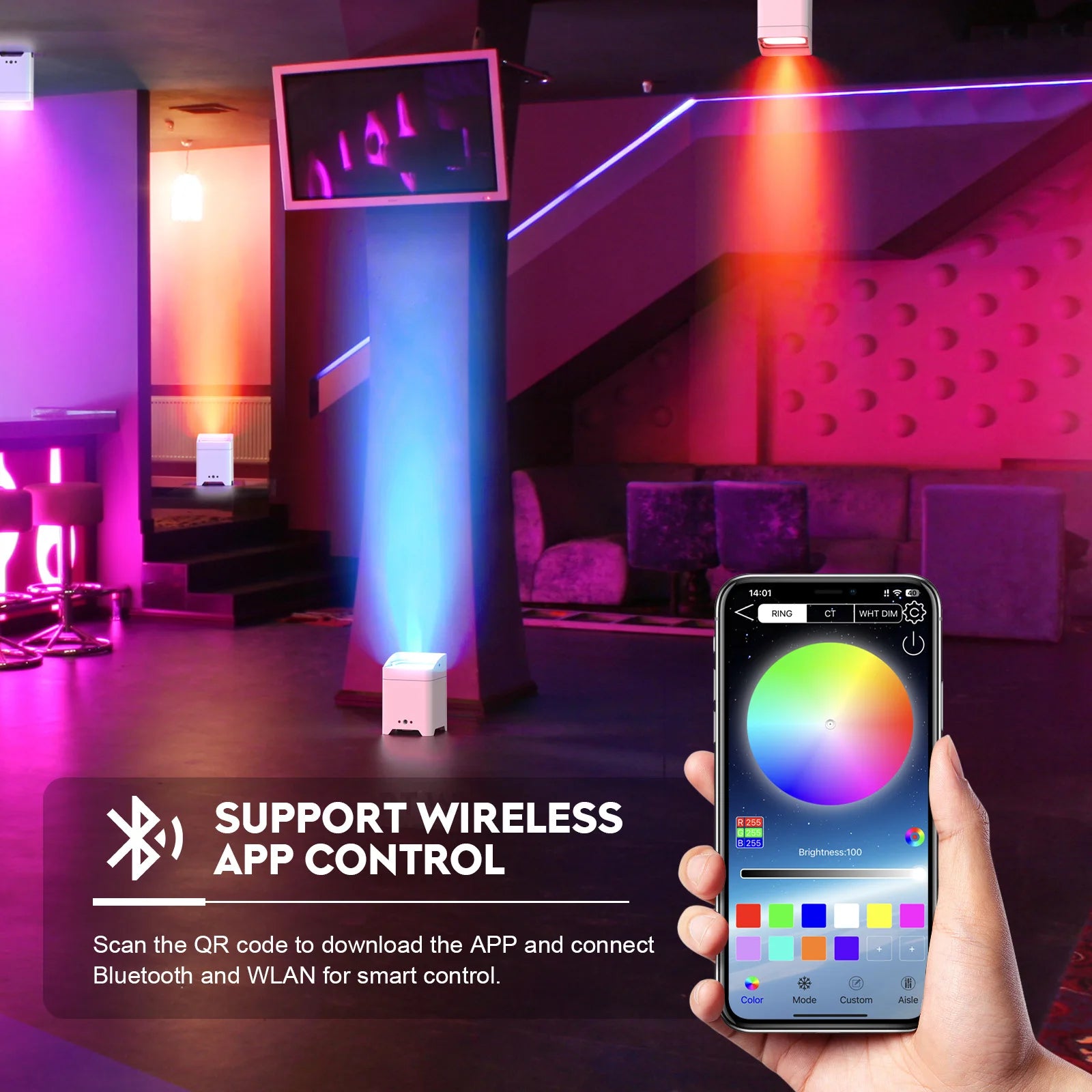U'King 4PCS RGBWA+UV LED Par Light with Bag 6x18W DMX Stage Light Rechargeable Built-in Battery Wireless Par Light Dyeing Light