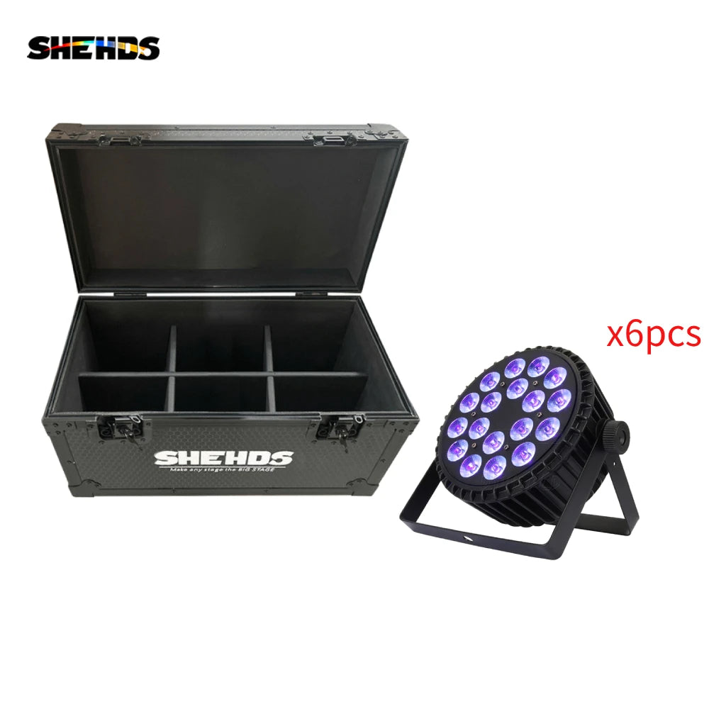 6-Pack Aluminum Alloy LED Flat Par Lights — RGBW DMX Stage Lighting System with Flight Case (18x18W or 18x12W)