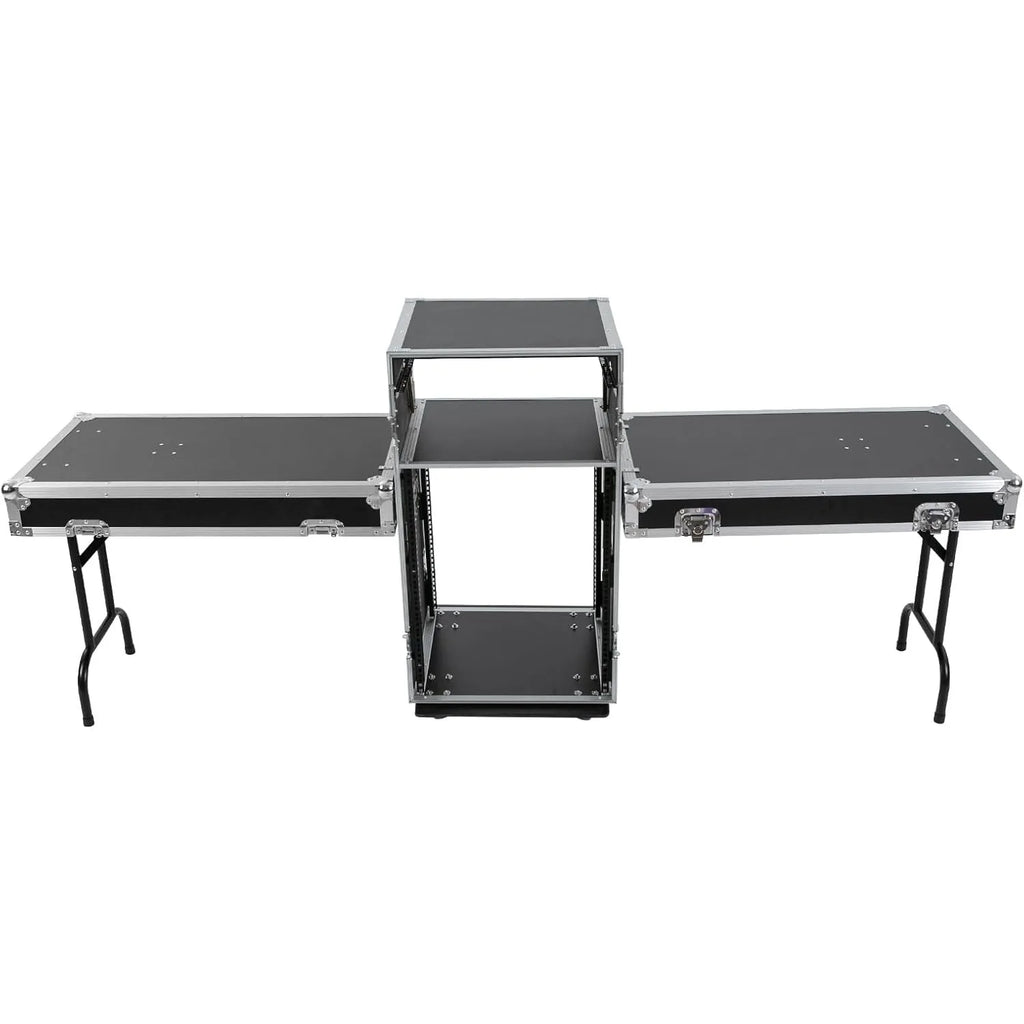 14U Mobile PA DJ Rack Road Case, Network & Stereo Rack with DJ Mixer Tops, Heavy-Duty 2-Tier Studio Equipment Cabinet with 4 Wheels, Amplifier Mixer Storage Stand for Live Sound, KTV, Home Theater
