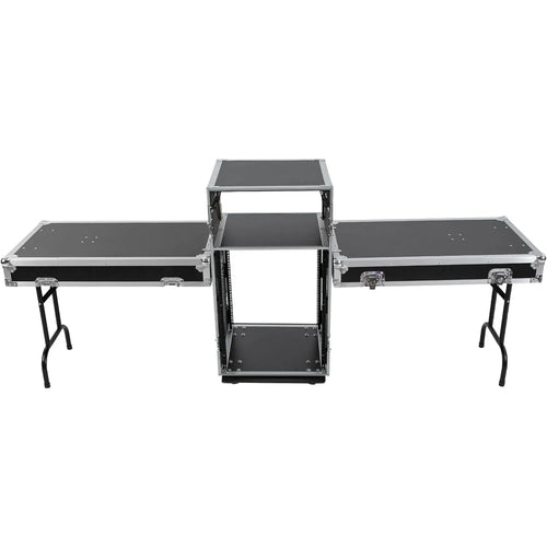 14U Mobile PA DJ Rack Road Case, Network & Stereo Rack with DJ Mixer Tops, Heavy-Duty 2-Tier Studio Equipment Cabinet with 4 Wheels, Amplifier Mixer Storage Stand for Live Sound, KTV, Home Theater