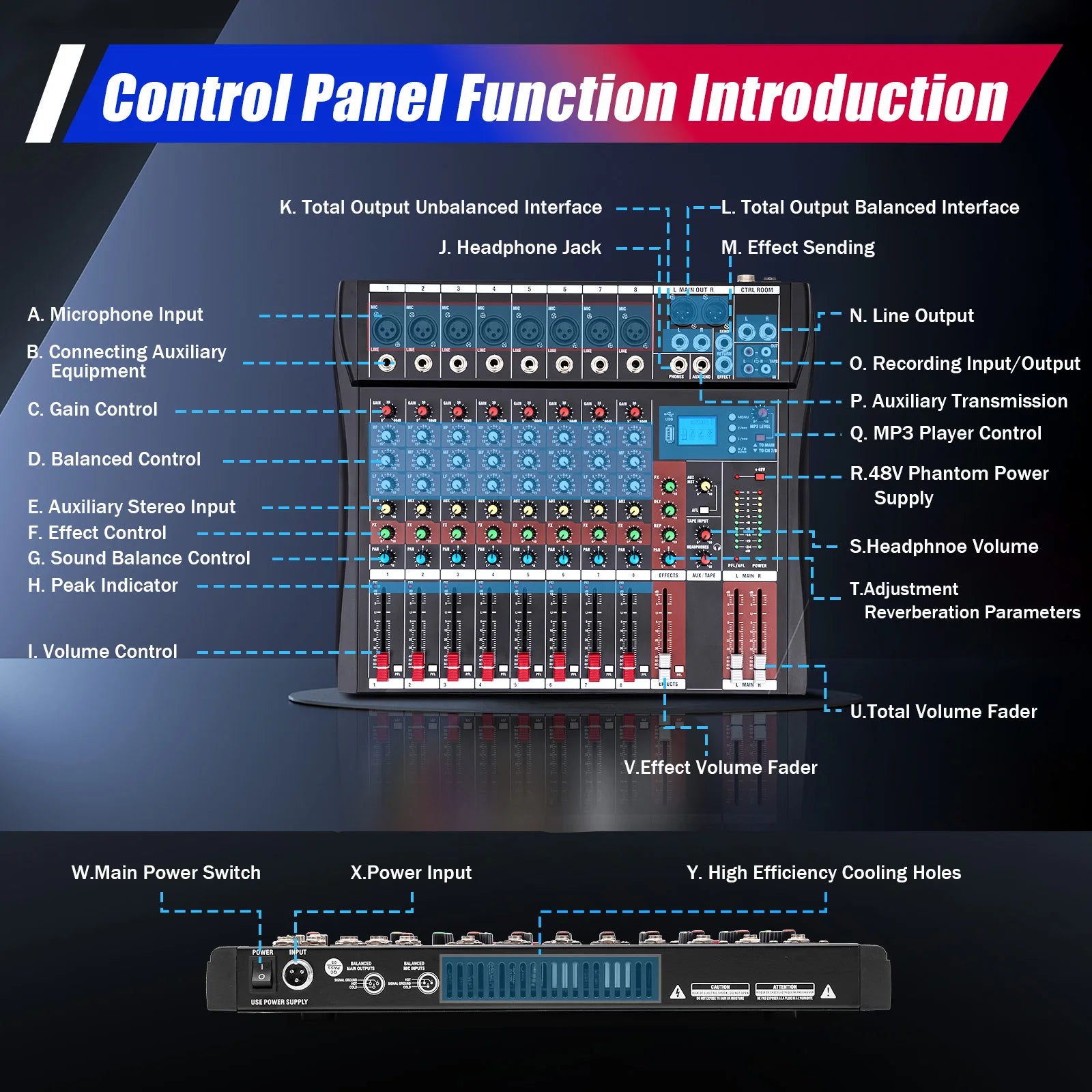 7/8-Channel Professional Mixer Soundboard Console with Bluetooth USB PC Recording Input XLR Microphone Jack