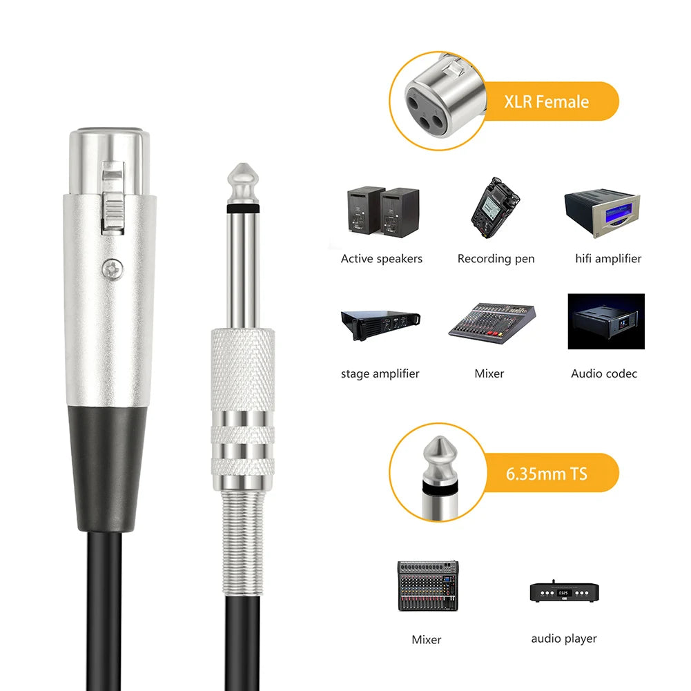 XLR Female to 1/4 TS Unbalanced Microphone Cable — Gold-Plated Connectors & Braided Shielding (1.8m, 3m, 5m)