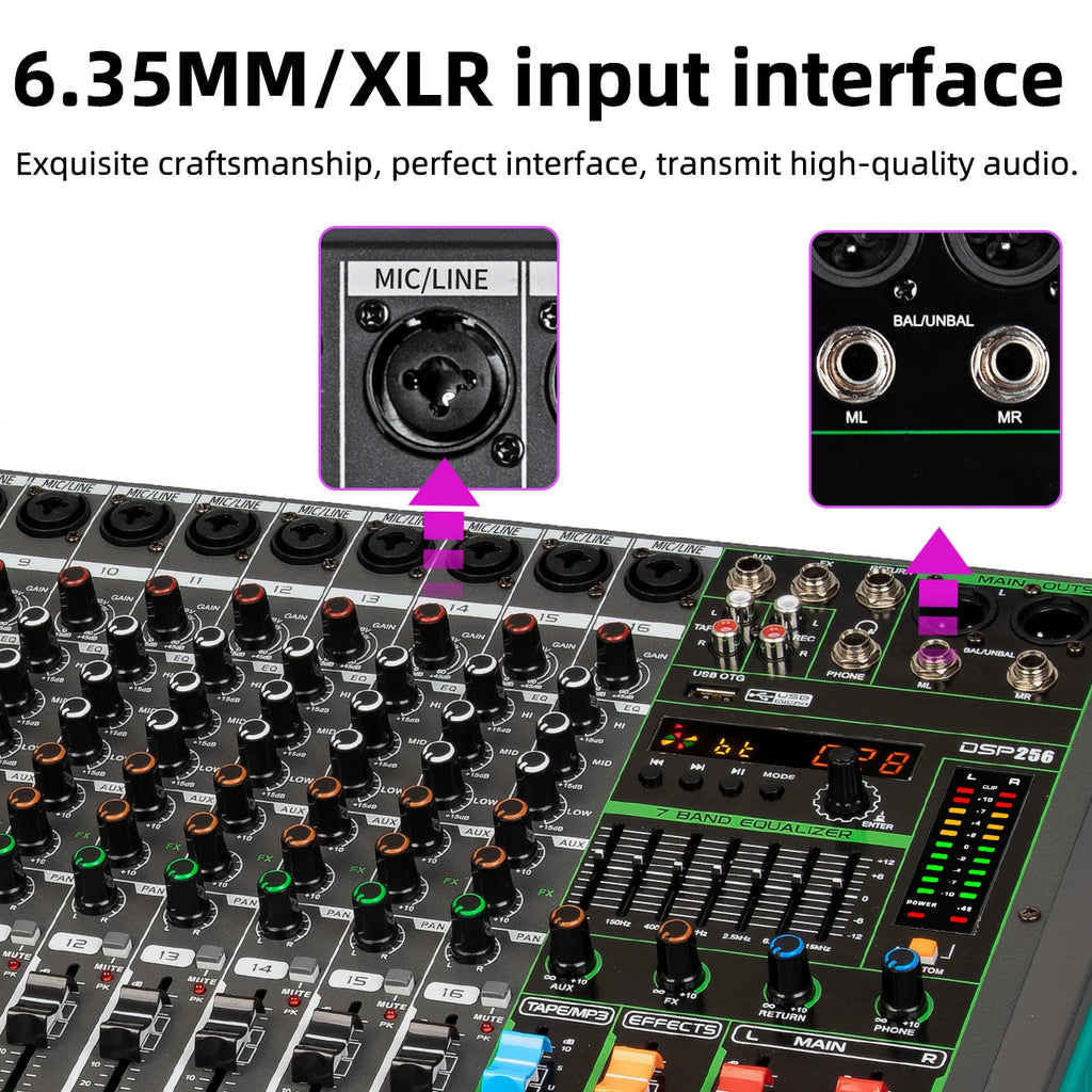 6/8/12/16 Channels Audio Sound Mixer USB 48V Phantom Power 256 DSP Effects Sound Table
