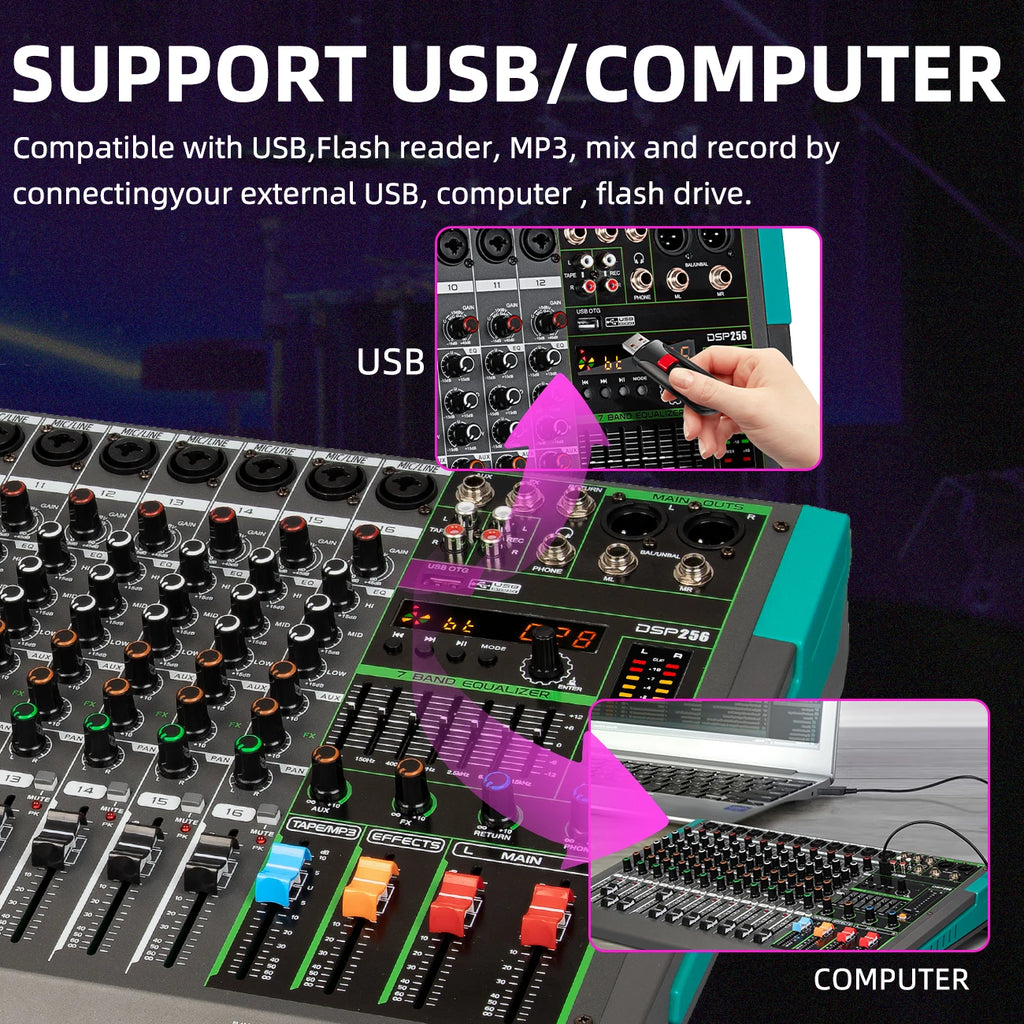 6/8/12/16 Channels Audio Sound Mixer USB 48V Phantom Power 256 DSP Effects Sound Table