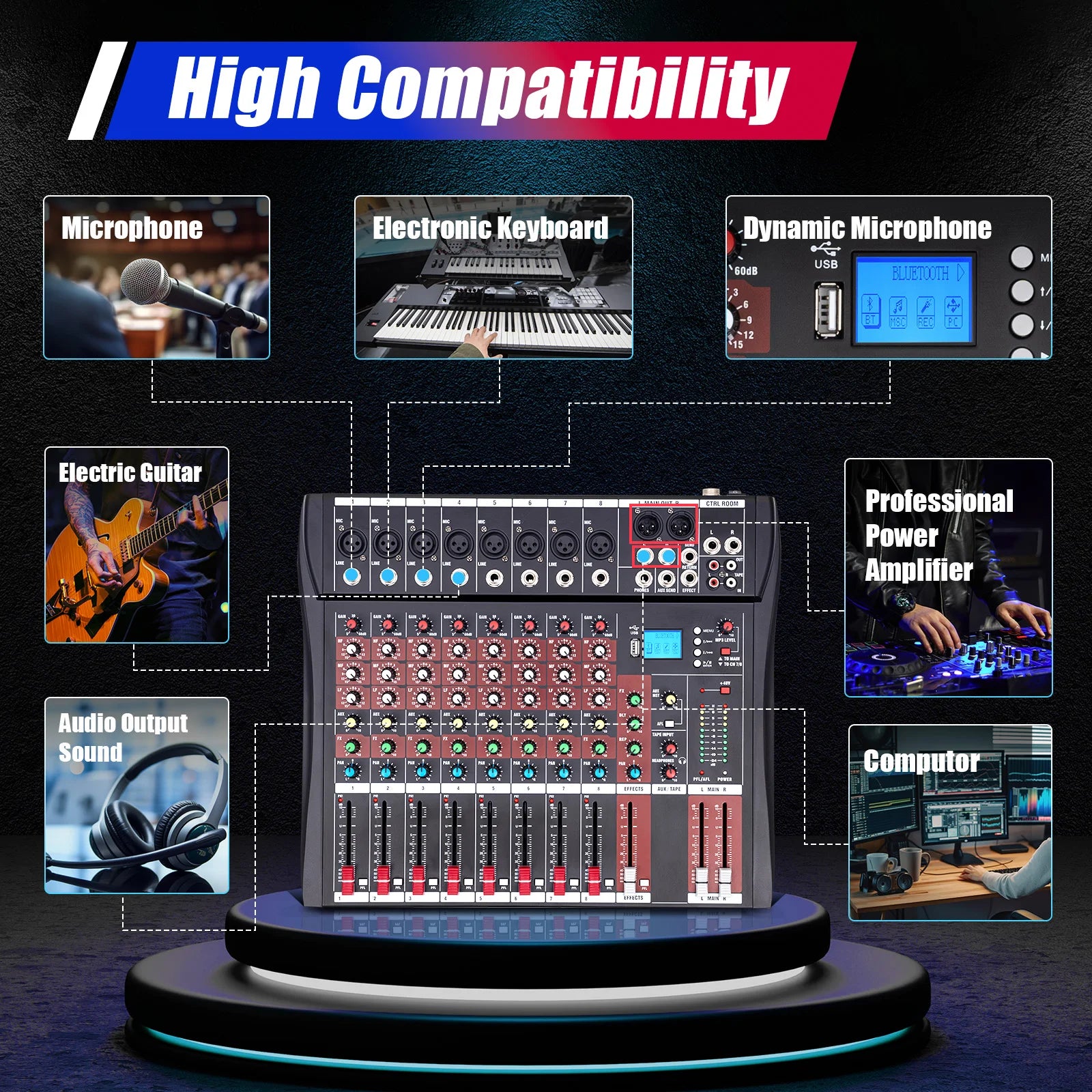 7/8-Channel Professional Mixer Soundboard Console with Bluetooth USB PC Recording Input XLR Microphone Jack