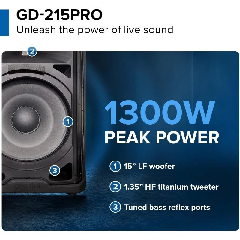 GD-215PRO 1300W Bluetooth DJ PA Speaker — 15" Woofer with 3-Channel Mixer, EQ & Titanium Tweeter for Live Events & DJ