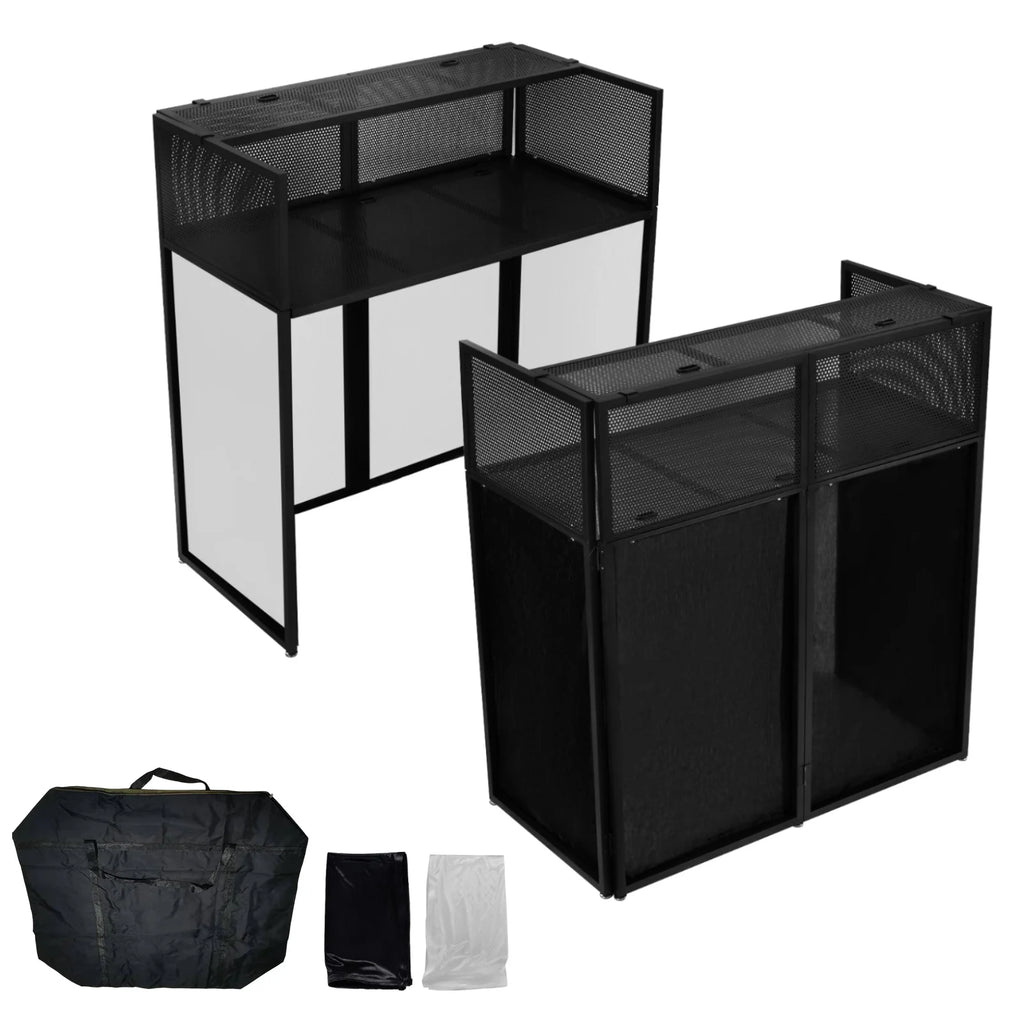 Portable DJ Booth Stand — Foldable Metal Frame DJ Table with Black & White Scrims & Carry Bag