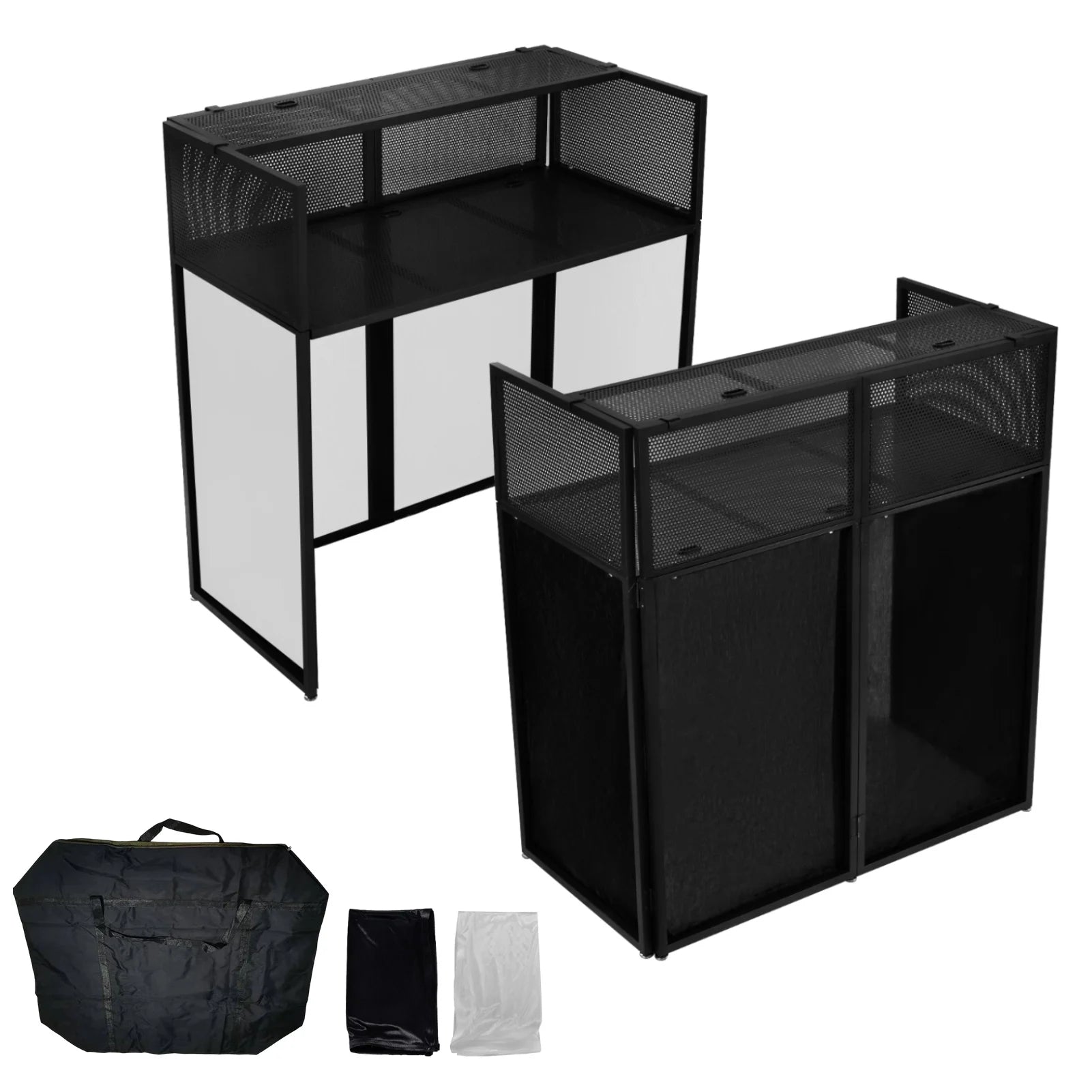 Portable DJ Booth Stand — Foldable Metal Frame DJ Table with Black & White Scrims & Carry Bag