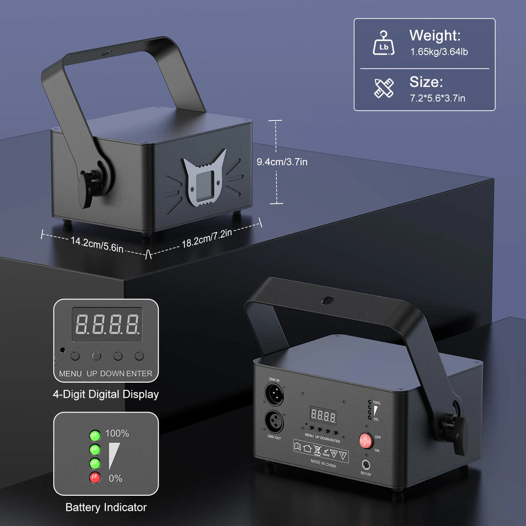 Datewink 25W RGB 3D Animation Laser Projector — Bluetooth App Control, 16-Channel DMX, Battery-Powered DJ Stage Light"