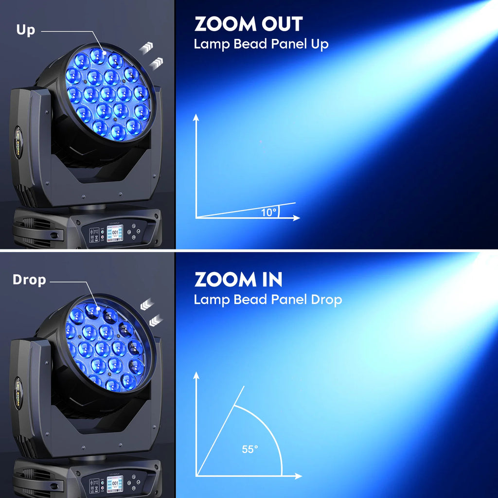 2 Pcs 19x15W Beam Moving Head Light RGBW LED Lighting DMX Stage Effect