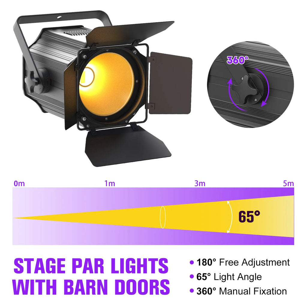 U'King 4Pcs 200W LED COB Par Lights with Barndoor — Dual Color DMX Stage Lighting (Warm & Cold White, 3200K–6500K)