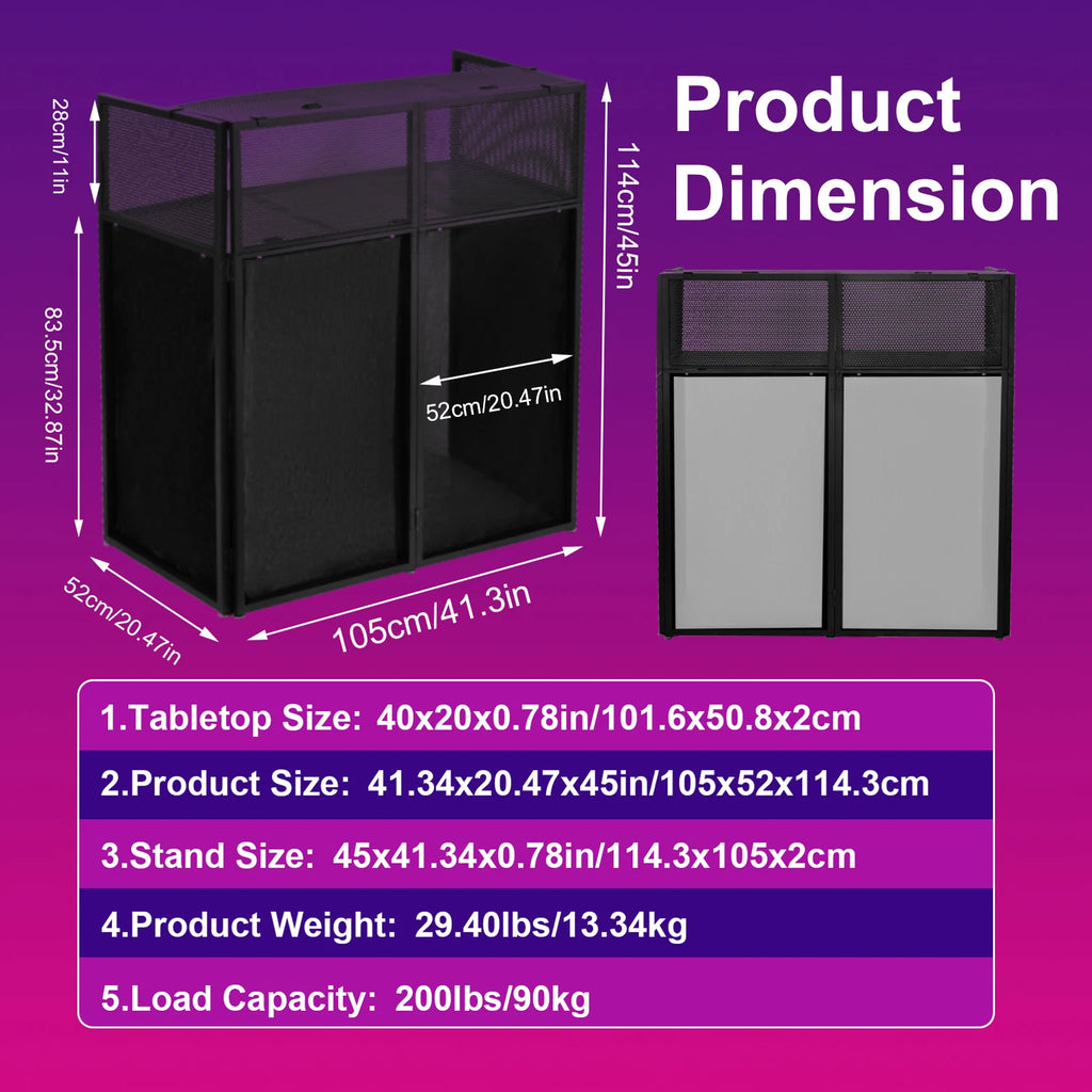 Portable DJ Booth Stand — Foldable Metal Frame DJ Table with Black & White Scrims & Carry Bag