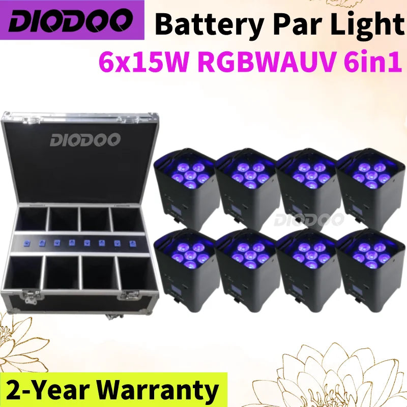 1-8pcs Wireless Battery Powered Par Light 6x18W RGBWAUV 6 in 1 Flightcase Remote Control Portable Par LED Stage Effect Light