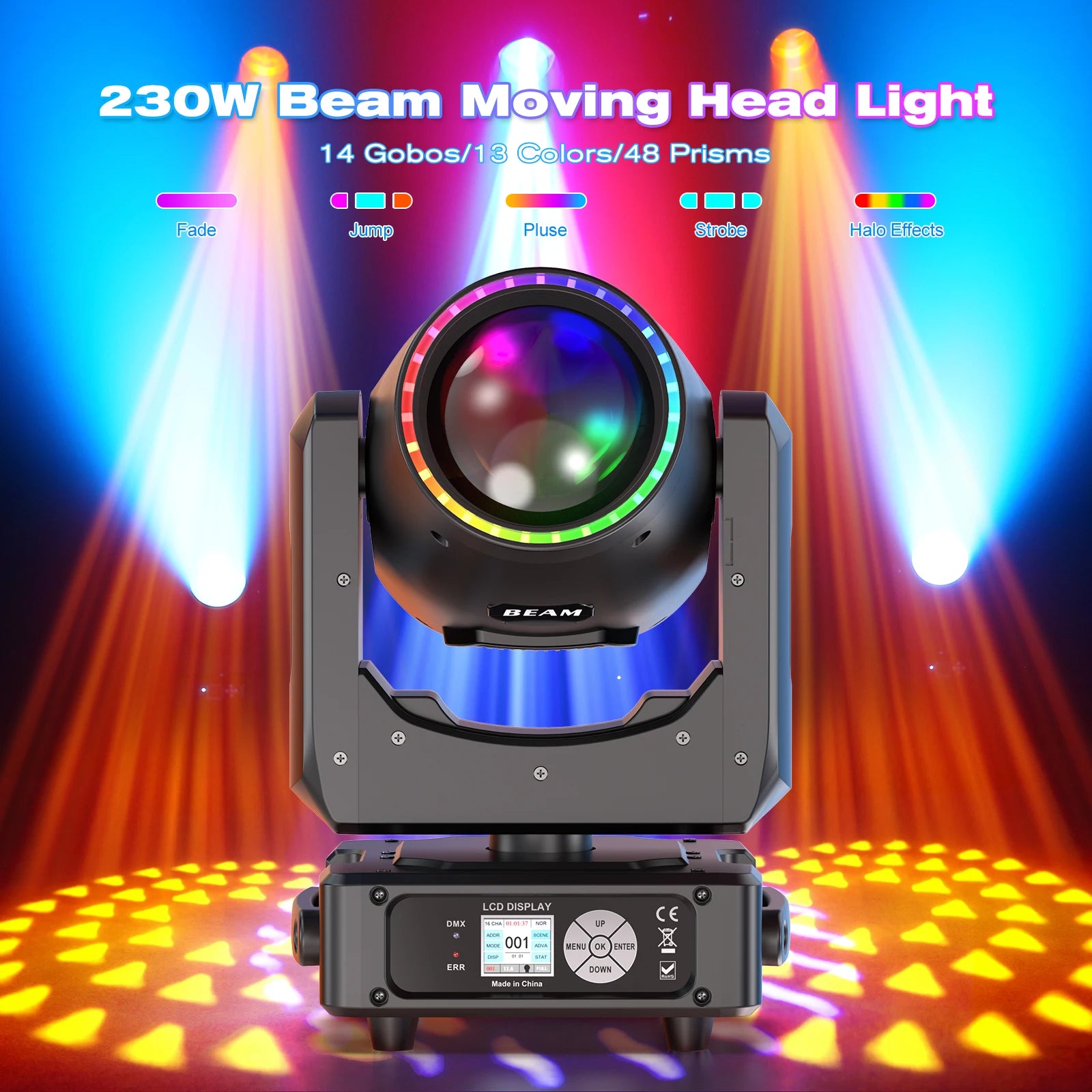 U'King 4 Pcs 230W Beam Moving Head Lights, 14 Gobos, 13 Colors, 48 Prisms