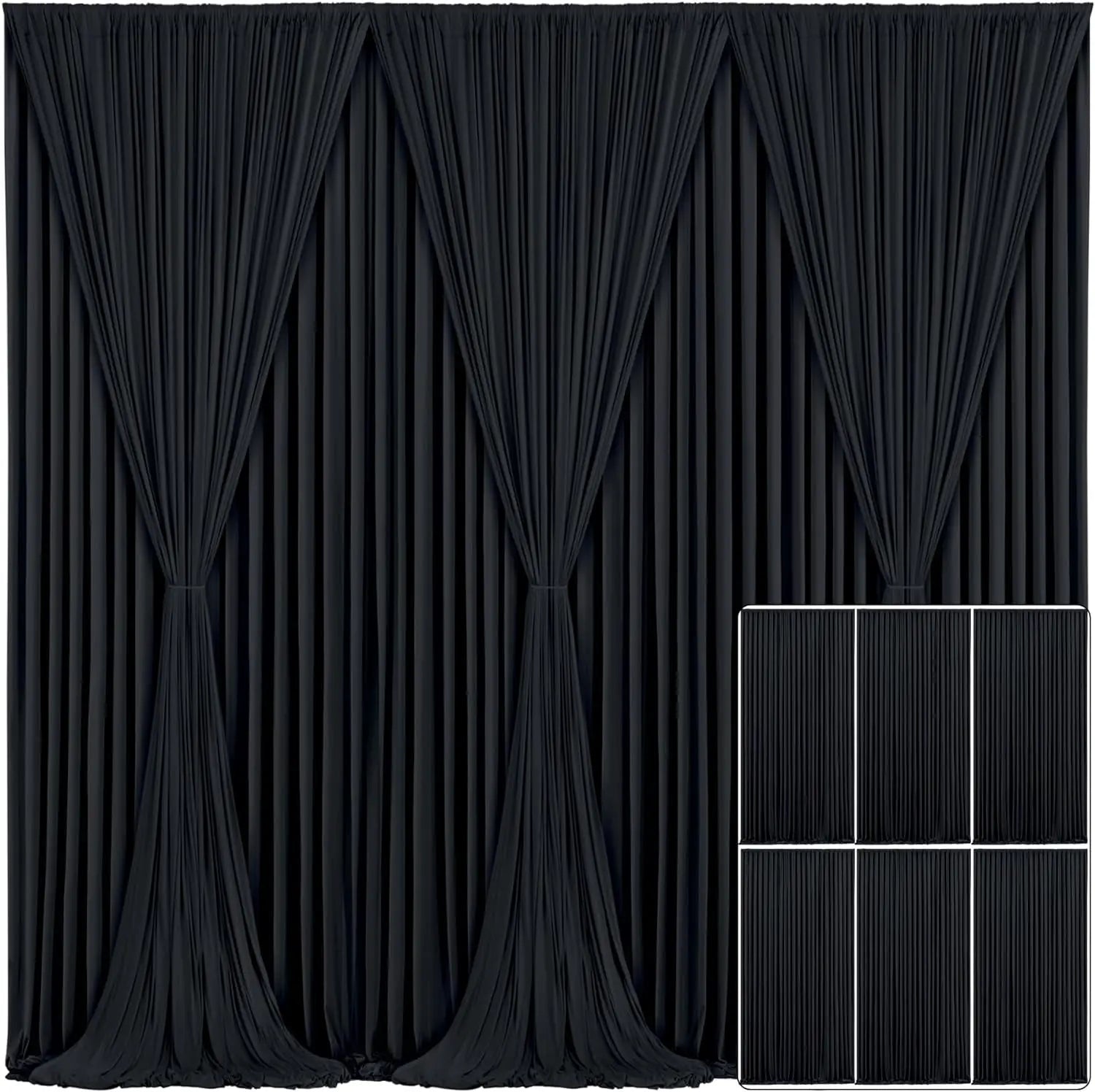 30ft x 10ft Black Backdrop Curtains — 6 Panels (5ft x 10ft each), Thick Solid Fabric Drape