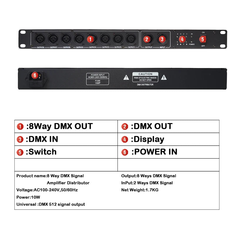 8CH DMX Splitter — DMX512 Signal Amplifier & Distributor for Stage Lighting (2 In / 8 Out)