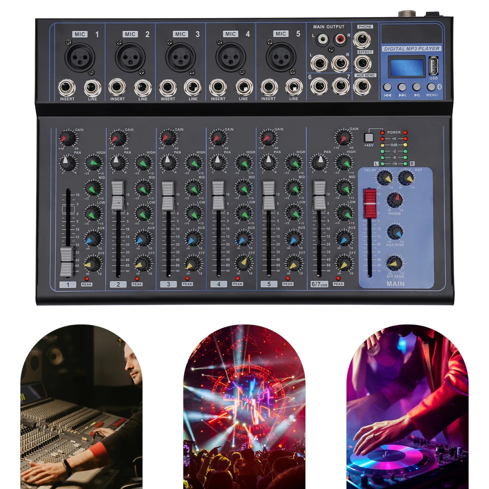 Bluetooth Portable 7-channel Audio Mixer with USB DJ Sound Mixing Console