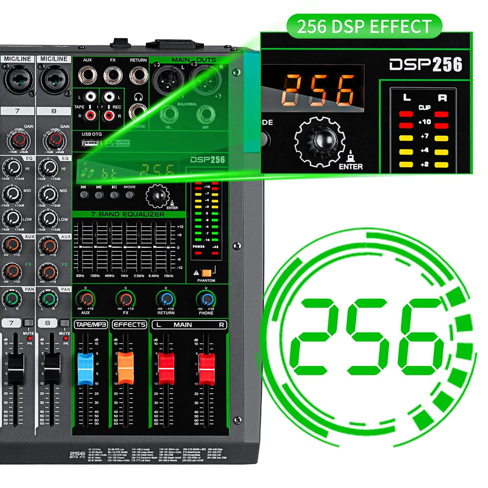 Professional Audio Mixer Depusheng MG8 8 Channel Sound Board Console DJ Mixing Desk System Interface Built-in 256 Reverb Effect