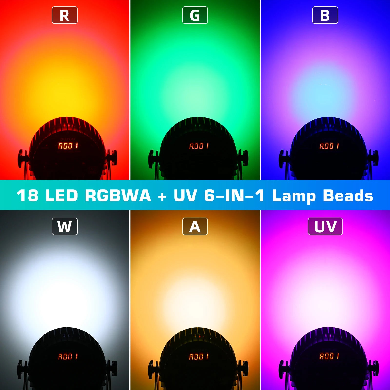 U'King 4PCS 18x10W RGBWA+UV 6 in 1 Par Light DMX512 Disco Light Strobe Effect LED Stage Lighting
