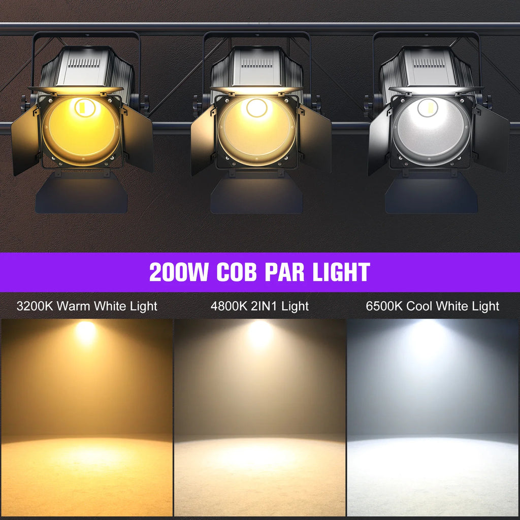 U'King 4Pcs 200W LED COB Par Lights with Barndoor — Dual Color DMX Stage Lighting (Warm & Cold White, 3200K–6500K)