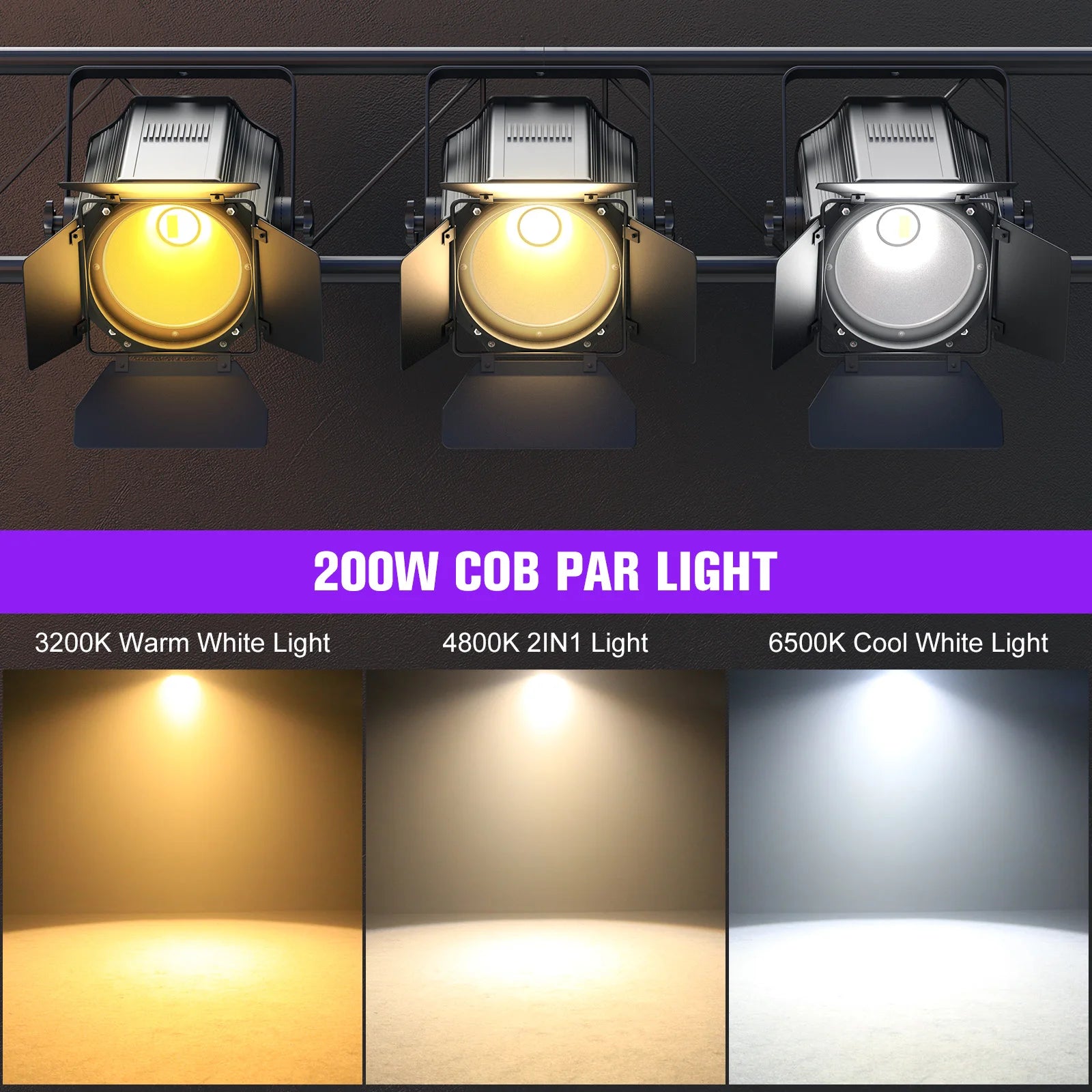 U'King 4Pcs 200W LED COB Par Lights with Barndoor — Dual Color DMX Stage Lighting (Warm & Cold White, 3200K–6500K)