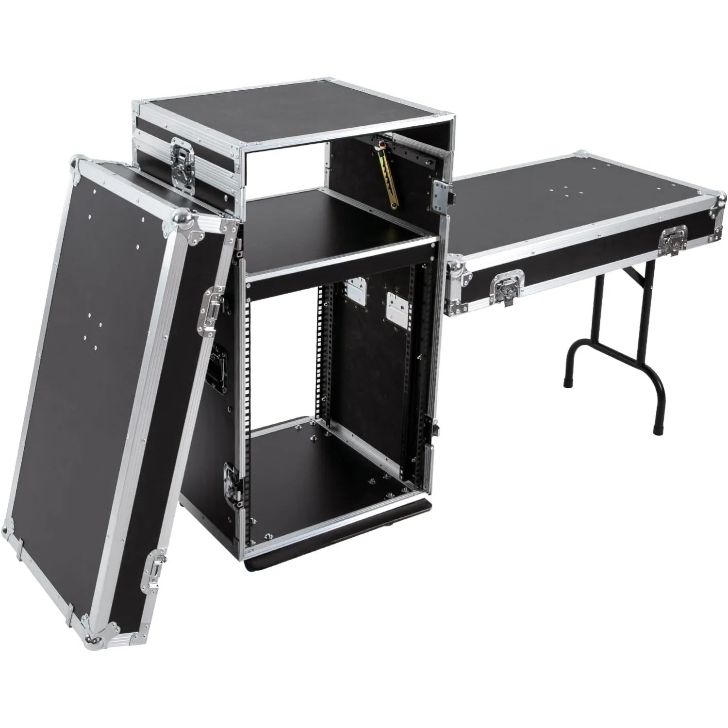14U Mobile PA DJ Rack Road Case, Network & Stereo Rack with DJ Mixer Tops, Heavy-Duty 2-Tier Studio Equipment Cabinet with 4 Wheels, Amplifier Mixer Storage Stand for Live Sound, KTV, Home Theater
