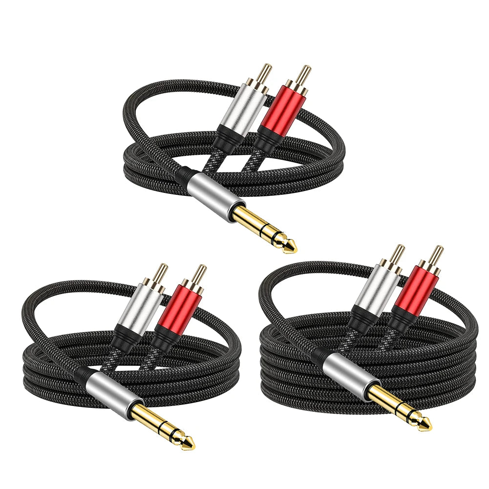 6.35mm Male to Dual RCA Male Splitter Cable — Professional 1/4" TRS to RCA Adapter with Gold-Plated Connectors (1m, 2m, 3m)