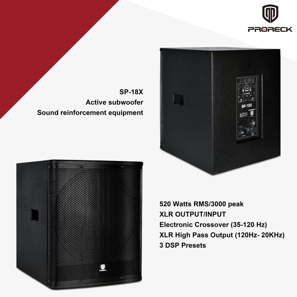 PRORECK SP-18X Active Powered PA Subwoofer 18 Inch 3000W PMPO Class-D Amplifier