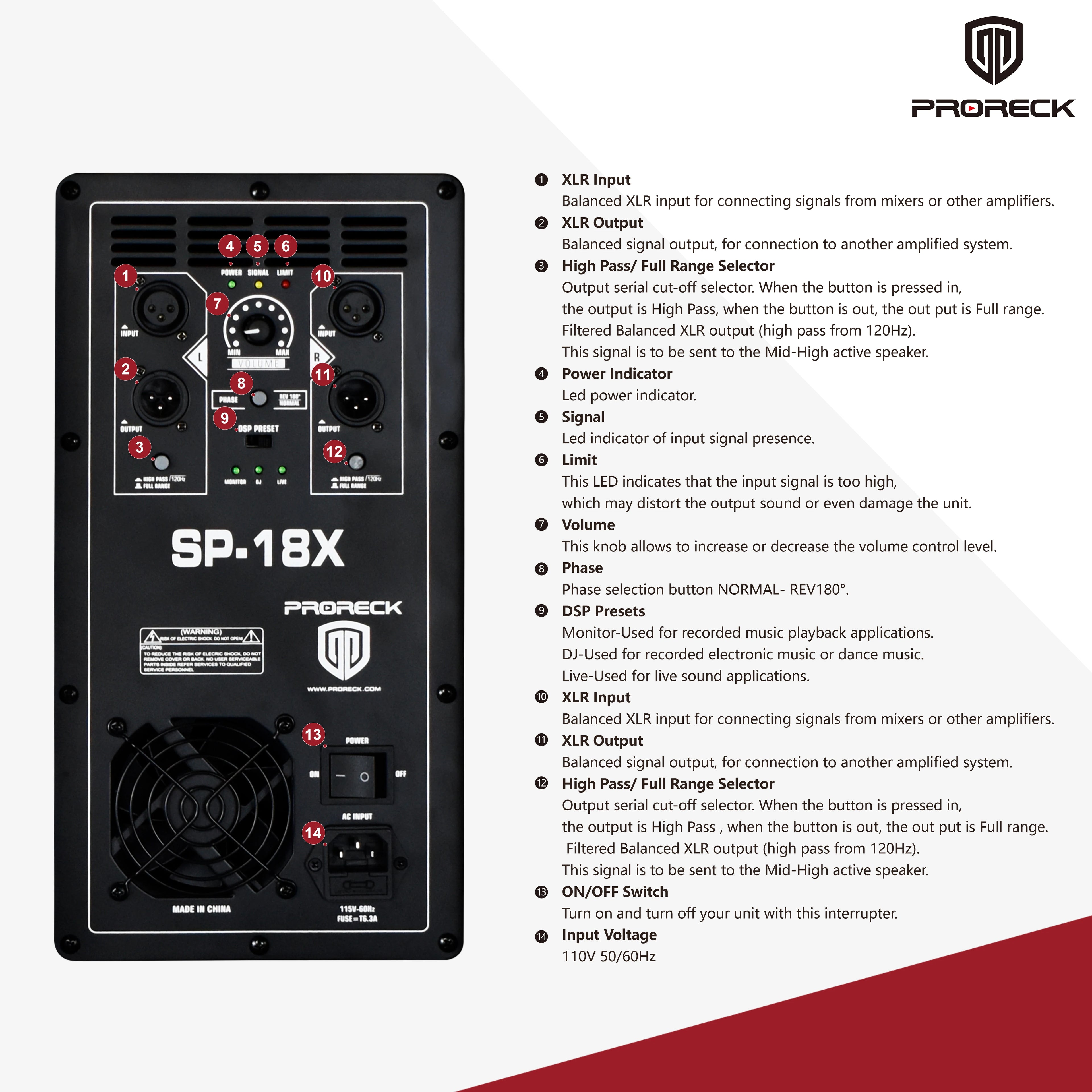 PRORECK SP-18X Active Powered PA Subwoofer 18 Inch 3000W PMPO Class-D Amplifier