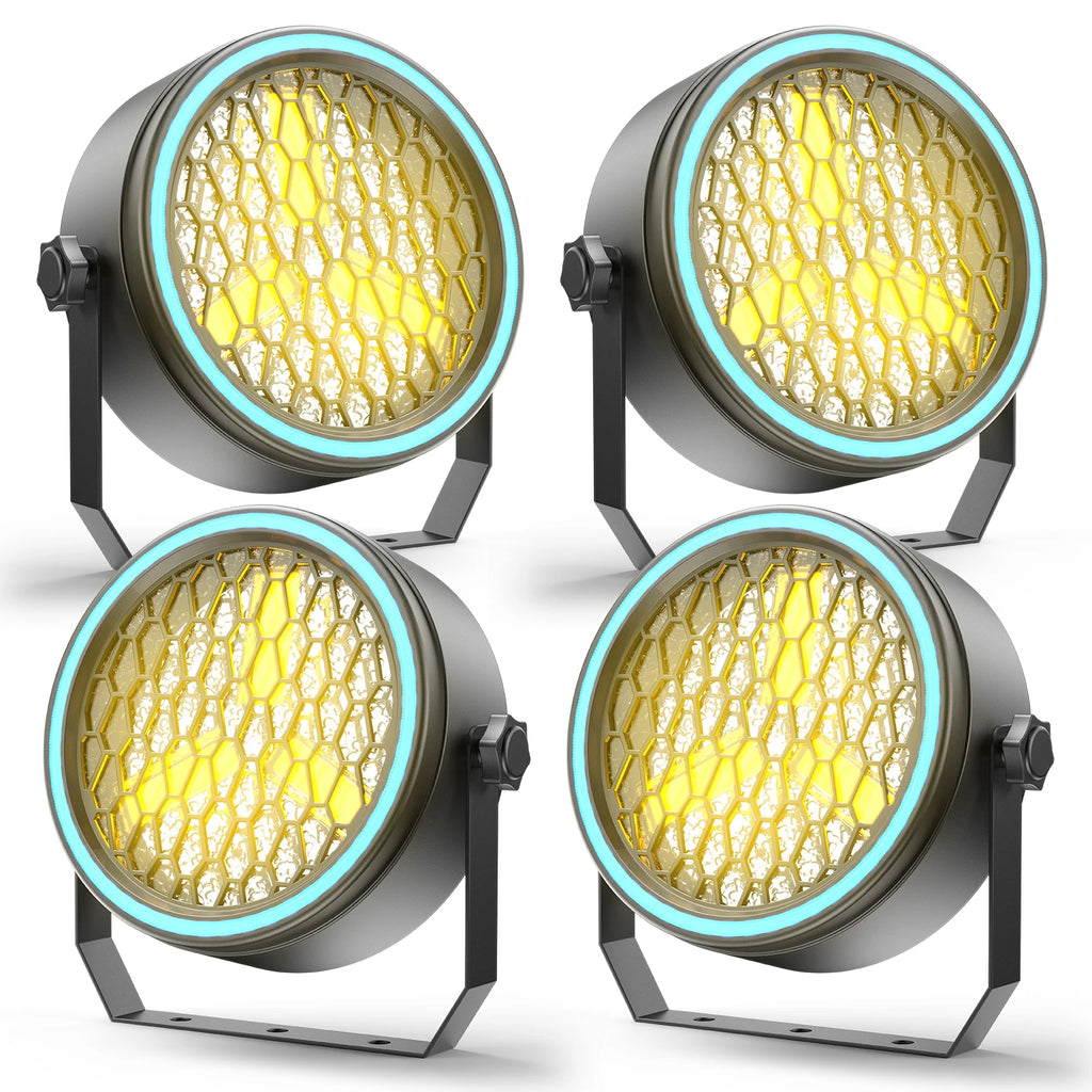 4Pcs Golden Retro 30W COB Par Lights with RGB LED Strips — Vintage Stage Lighting for DJ Disco