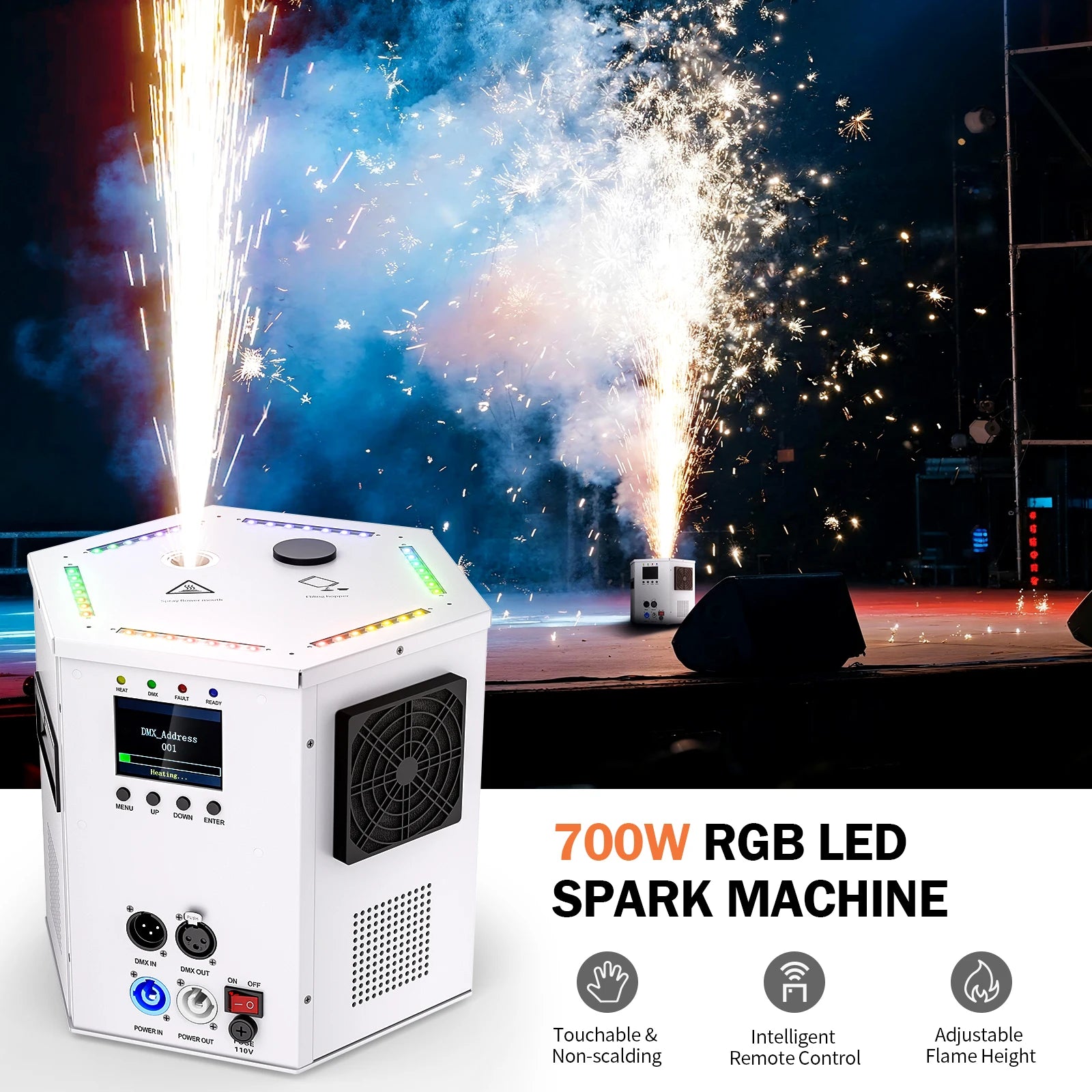 Fieryzeal 700W RGB LED Cold Sparks Machine DMX LED Light Flower Spraying Machine for Indoor/Outdoor