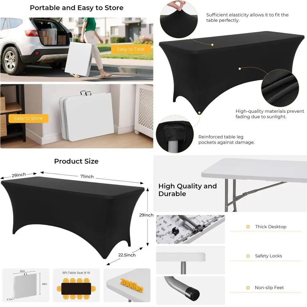 Portable 6ft Folding Table with Black Cloth, HDPE Top, Safety Locks, Compact Storage, Ideal for Outdoor Dining and Events