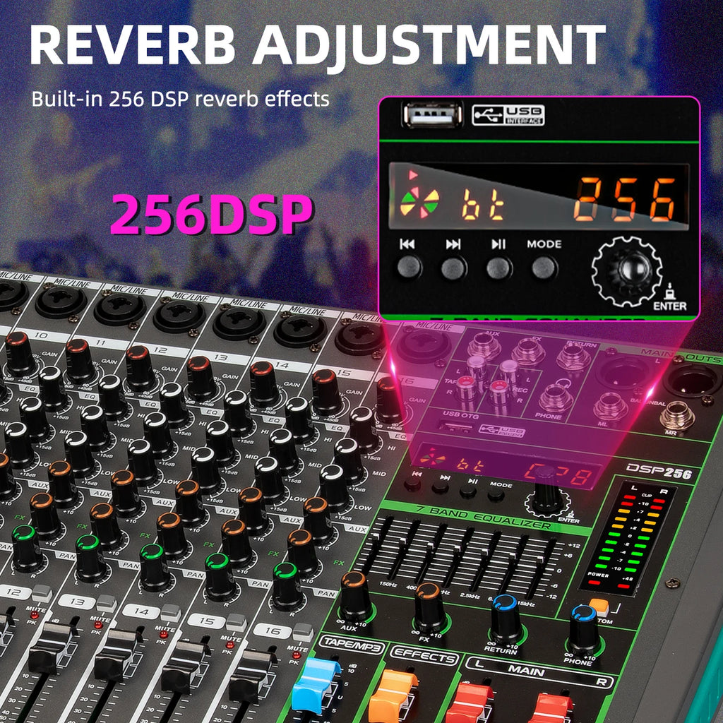 6/8/12/16 Channels Audio Sound Mixer USB 48V Phantom Power 256 DSP Effects Sound Table
