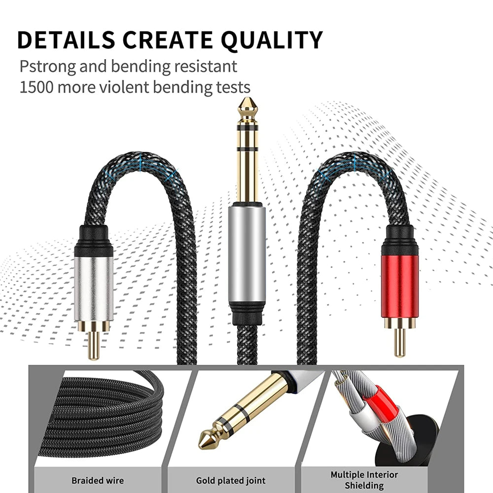 6.35mm Male to Dual RCA Male Splitter Cable — Professional 1/4" TRS to RCA Adapter with Gold-Plated Connectors (1m, 2m, 3m)