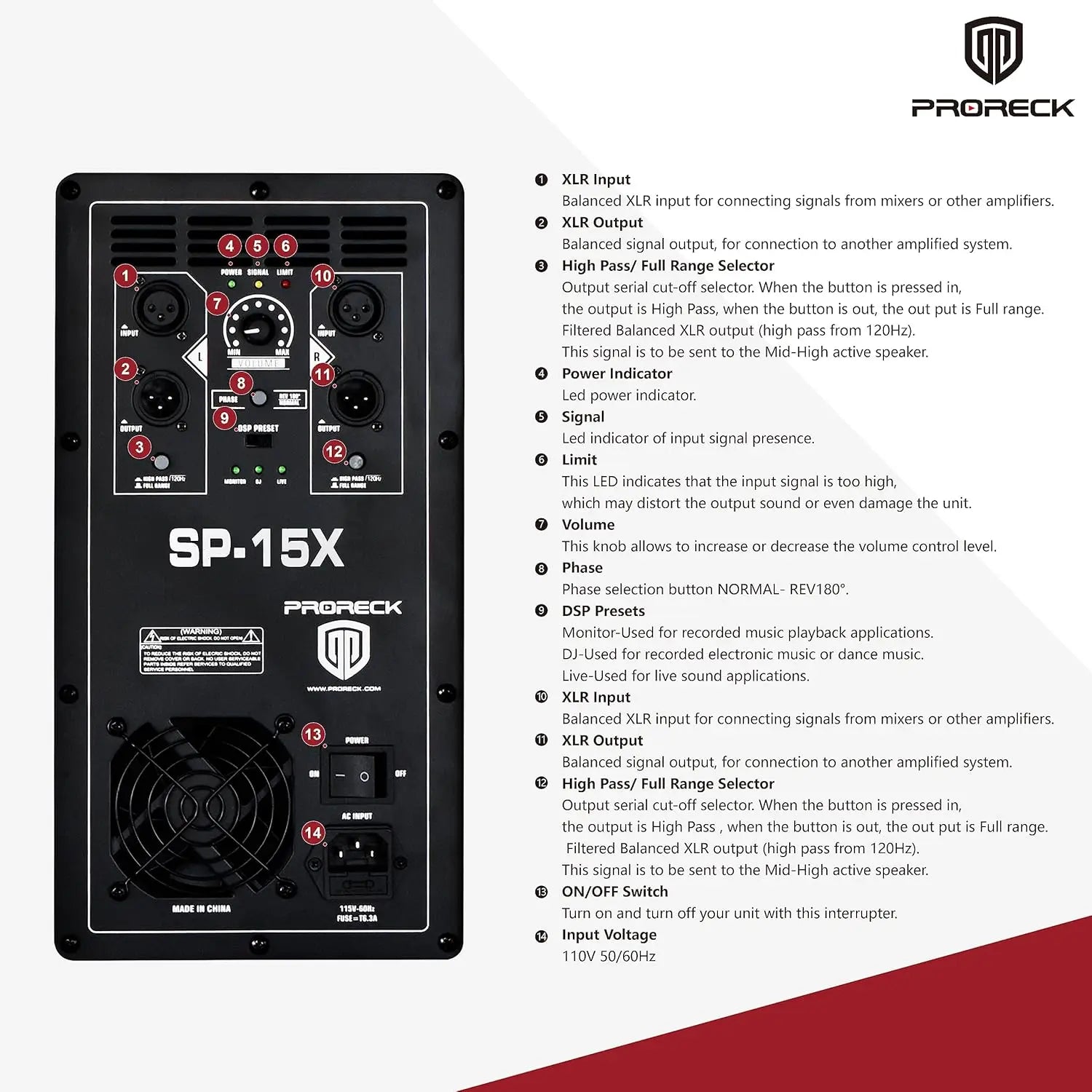 PRORECK SP-15X Active Powered PA Subwoofer 15 Inch 2000W PMPO Class-D Amplifier 3 DSP (ONE SUBWOOFER）