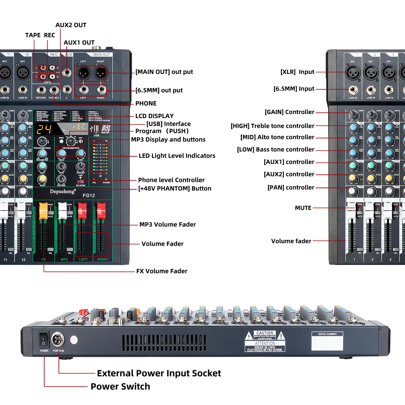 Audio Mixer Console 8/12 Channel DJ 24DSP Professional Audio Mixer