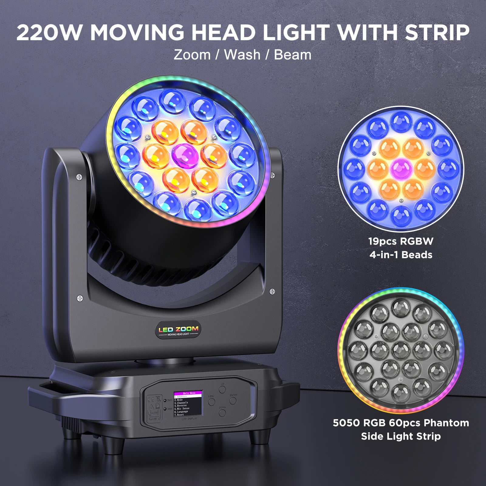 Yiflamefly 220W Zoom Wash Moving Head Lights 19X8W LED RGBW Stage Lights DMX DJ Light