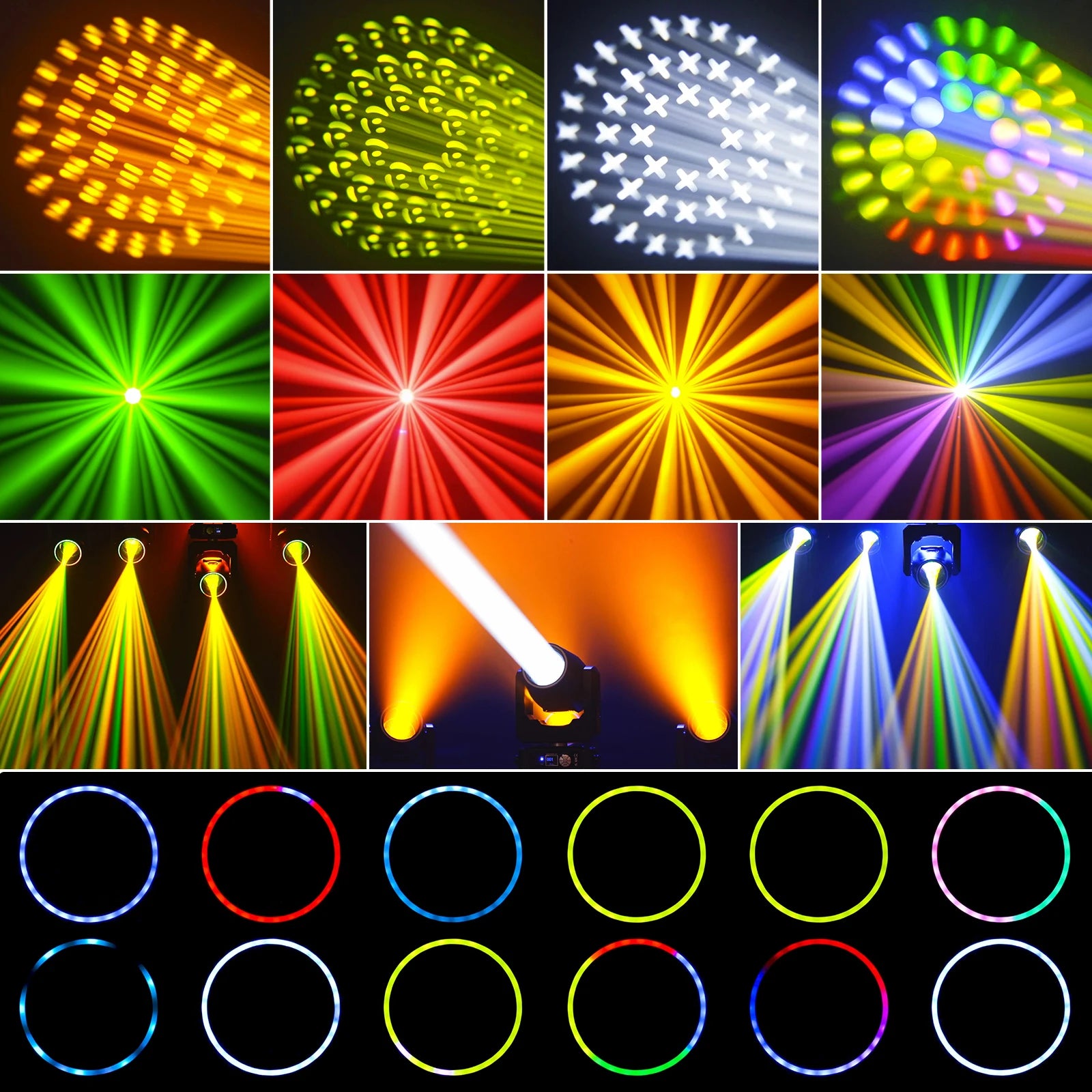 U'King 4 Pcs 230W Beam Moving Head Lights, 14 Gobos, 13 Colors, 48 Prisms