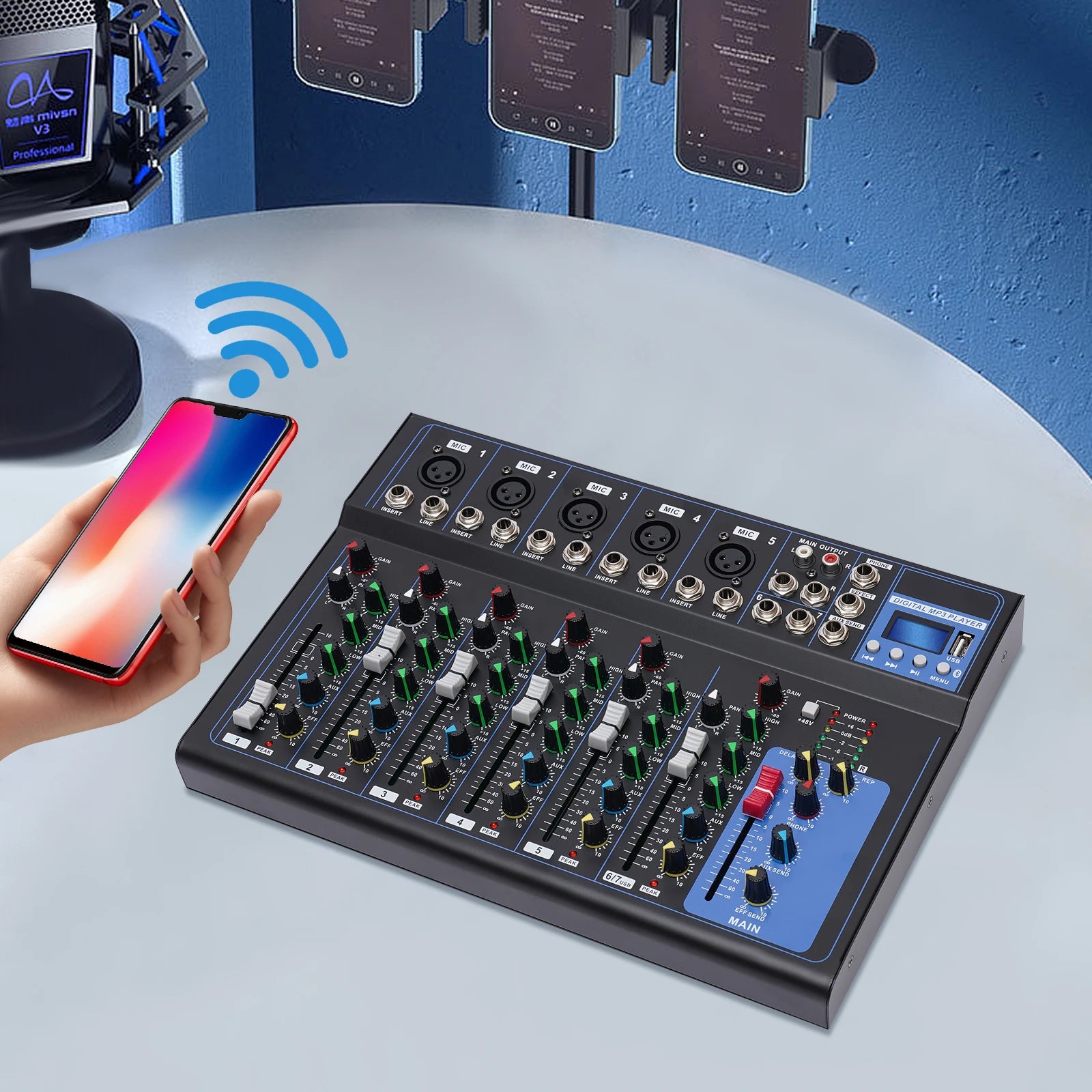 Bluetooth Portable 7-channel Audio Mixer with USB DJ Sound Mixing Console