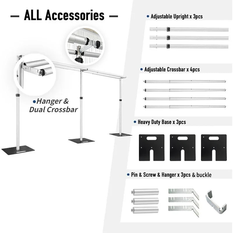 Adjustable Pipe & Drape Backdrop Stand — Portable Aluminum, 10x10ft & 10x20ft for Weddings