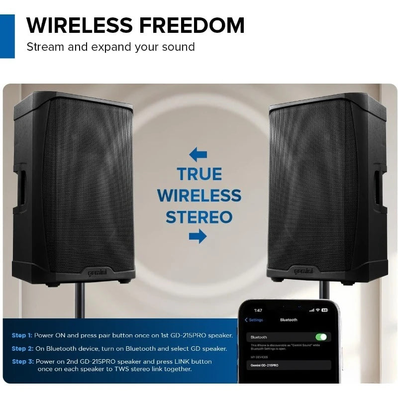 GD-215PRO 1300W Bluetooth DJ PA Speaker — 15" Woofer with 3-Channel Mixer, EQ & Titanium Tweeter for Live Events & DJ
