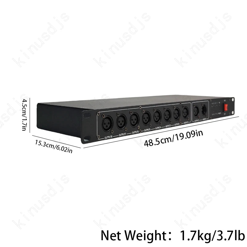 8CH DMX Splitter — DMX512 Signal Amplifier & Distributor for Stage Lighting (2 In / 8 Out)