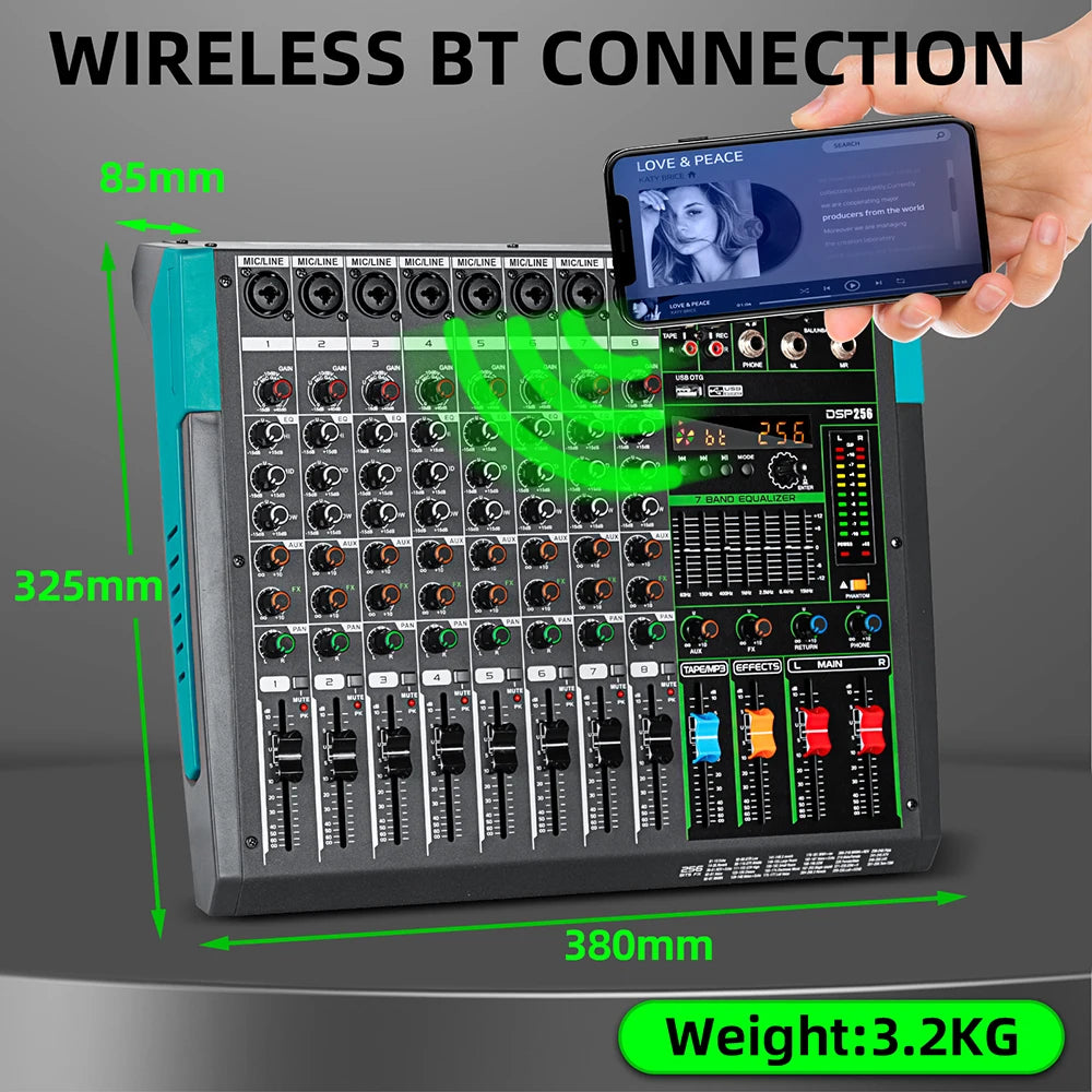 Professional Audio Mixer Depusheng MG8 8 Channel Sound Board Console DJ Mixing Desk System Interface Built-in 256 Reverb Effect