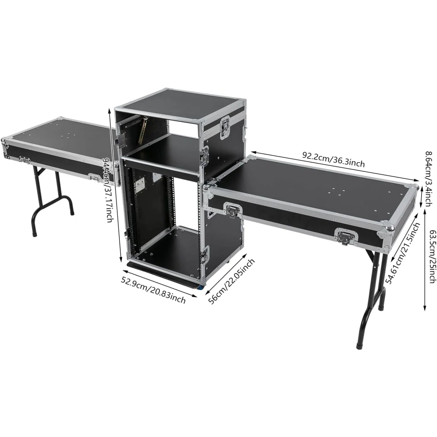 14U Mobile PA DJ Rack Road Case, Network & Stereo Rack with DJ Mixer Tops, Heavy-Duty 2-Tier Studio Equipment Cabinet with 4 Wheels, Amplifier Mixer Storage Stand for Live Sound, KTV, Home Theater