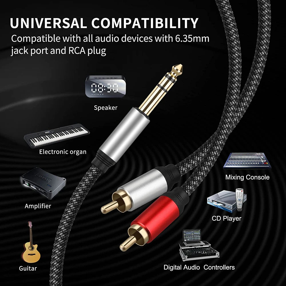 6.35mm Male to Dual RCA Male Splitter Cable — Professional 1/4" TRS to RCA Adapter with Gold-Plated Connectors (1m, 2m, 3m)