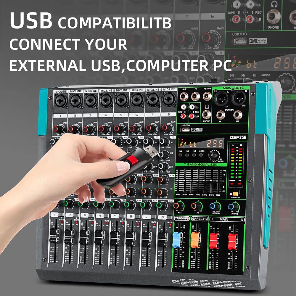 Professional Audio Mixer Depusheng MG8 8 Channel Sound Board Console DJ Mixing Desk System Interface Built-in 256 Reverb Effect