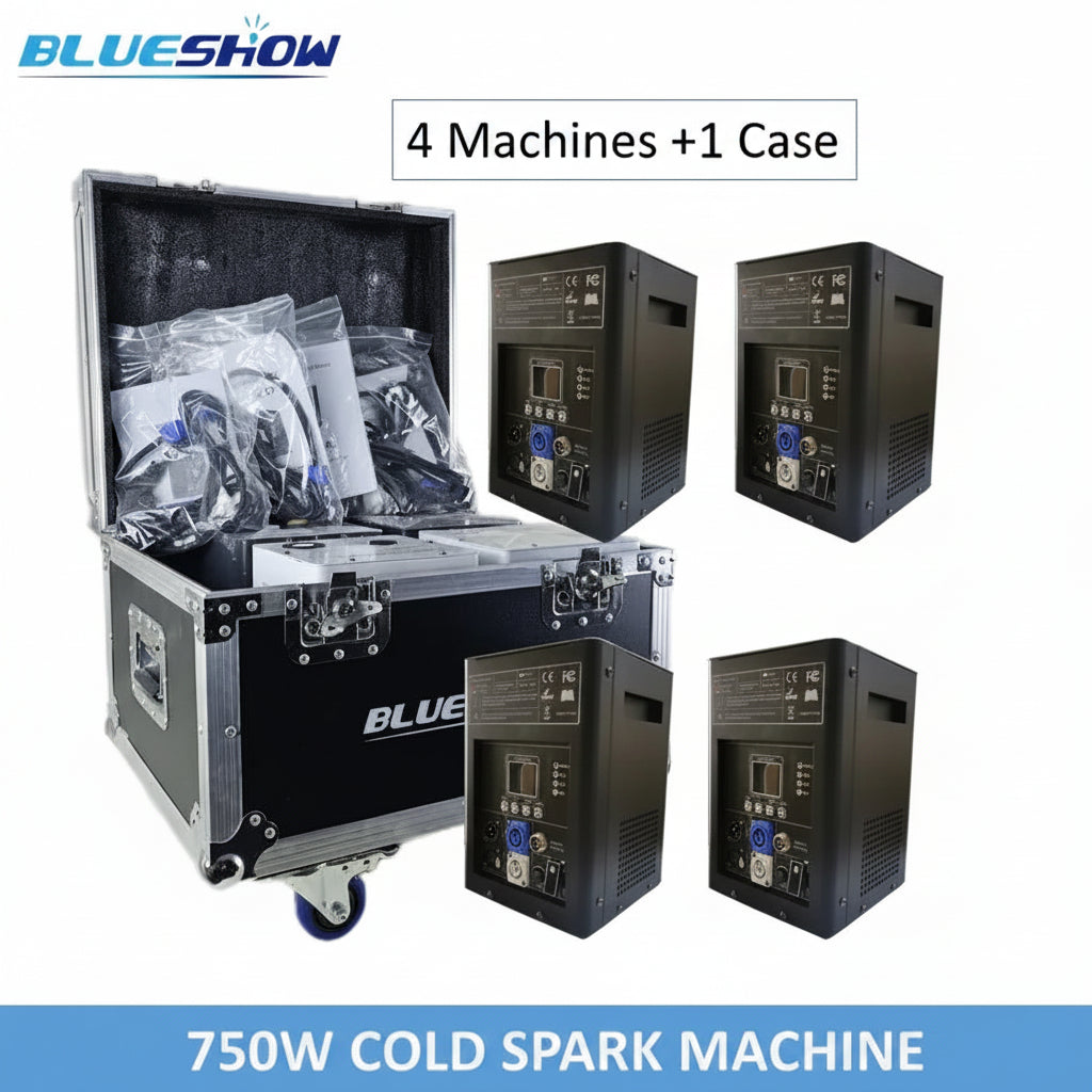 Blueshow Ti Powder Cold Spark Machine 750W — 4-Pack with Flight Case for Weddings & Stage