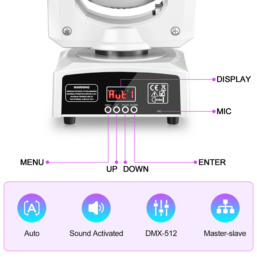 U'King 30W Mini Moving Head Light — RGBW LED DJ Fixture with DMX512 & Sound Activated Control for Weddings & Events