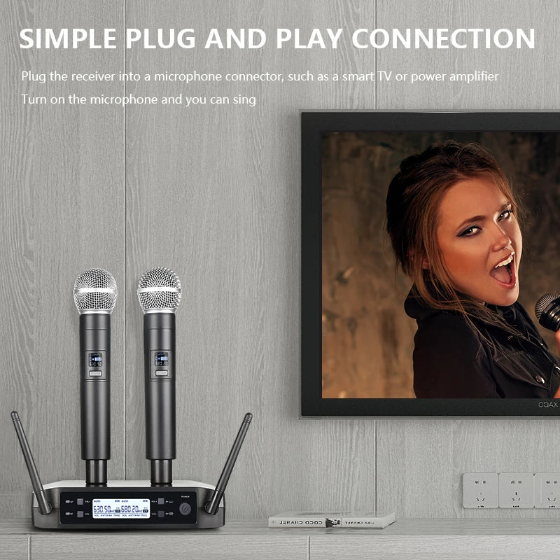 Dual Channel UHF Wireless Handheld Microphone System — Fixed Frequency Dynamic Mics for Karaoke, Wedding & Events